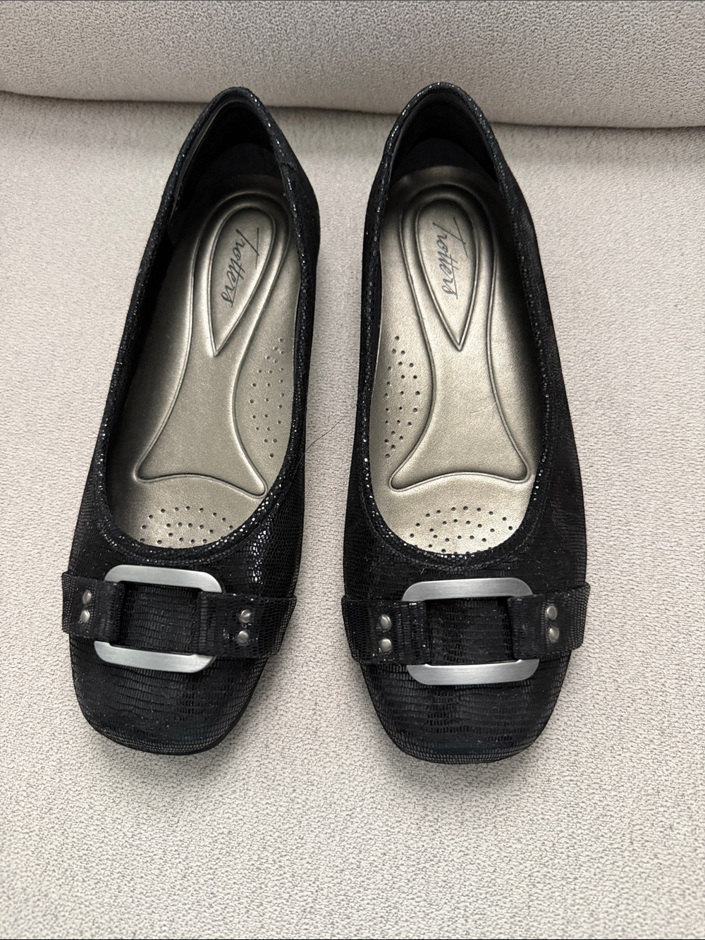 Trotters Black Glitter Ballet Flats with Silver Buckle